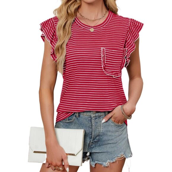 Women's Summer Striped T-Shirt Ruffle Short Sleeve Crew Neck Casual Blouse - Picture 3 of 6